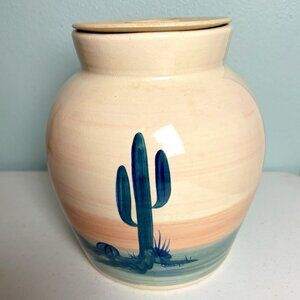 Ellis Prod Pottery Large Vintage Lidded Clay Pottery Jar with Desert Motif